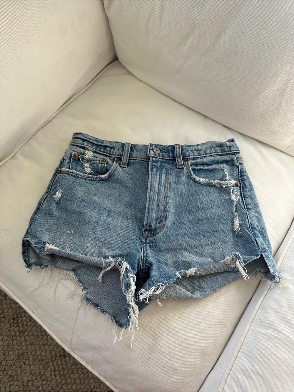 Abercrombie The Mom Short High-Rise Distressed Denim Shorts in Light Blue